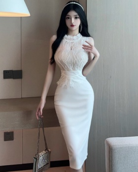 Splice lace high waist temperament dress for women