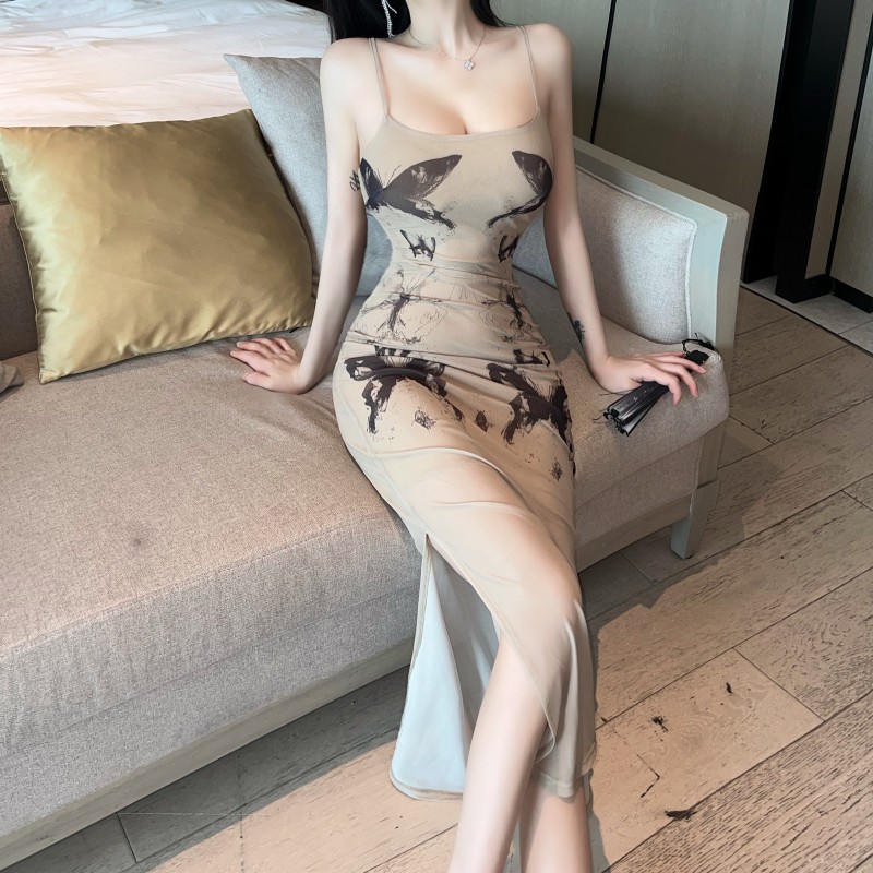 Printing split long dress butterfly sexy dress