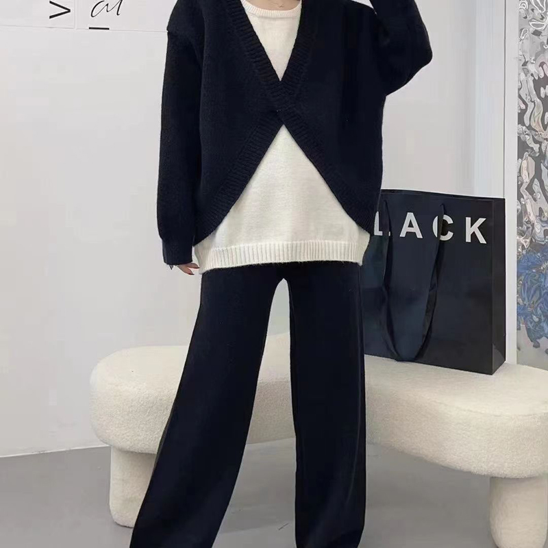 Knitted wide leg pants cashmere sweater 2pcs set for women