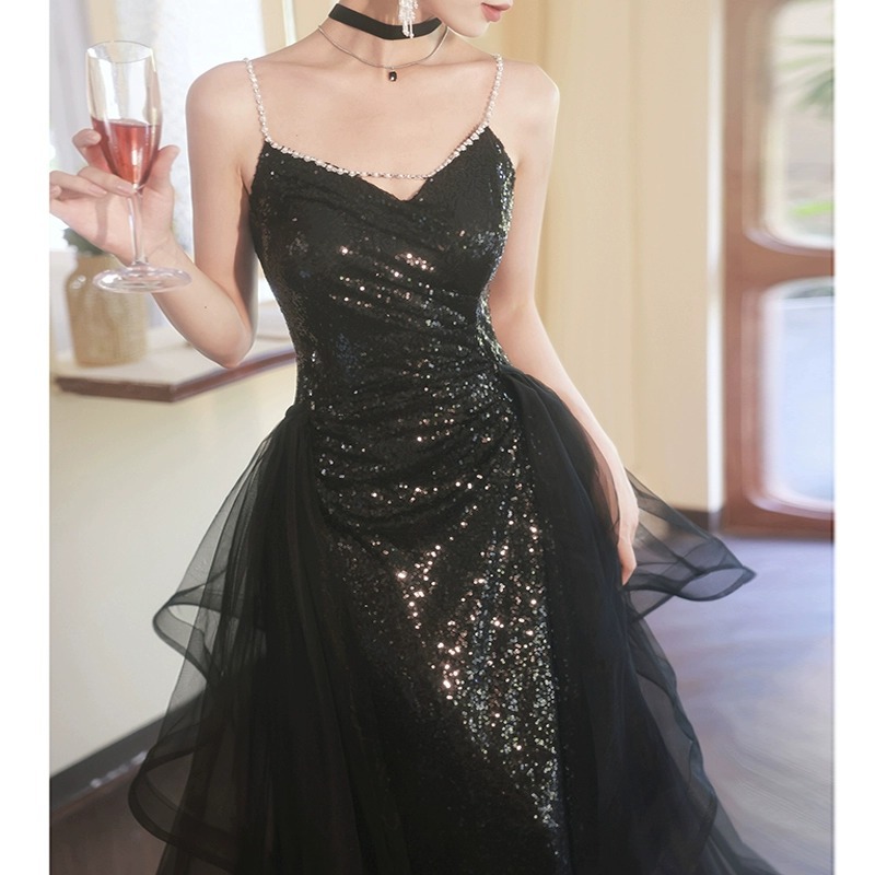 Perform noble light luxury black sequins evening dress