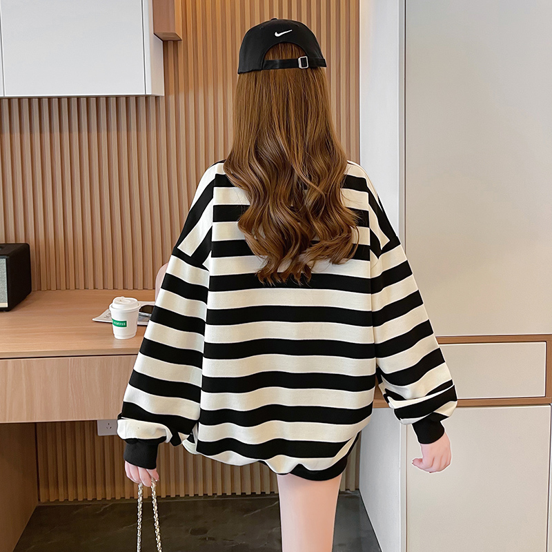 All-match stripe round neck hoodie for women