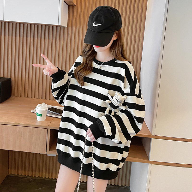 All-match stripe round neck hoodie for women