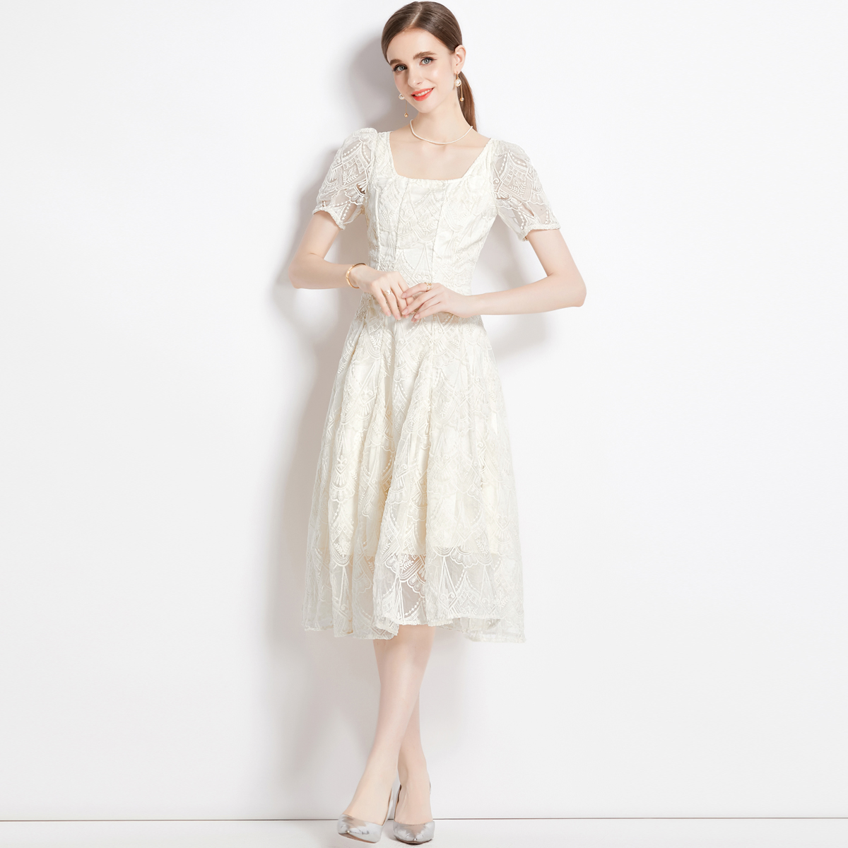 Gauze France style square collar lace beige dress for women