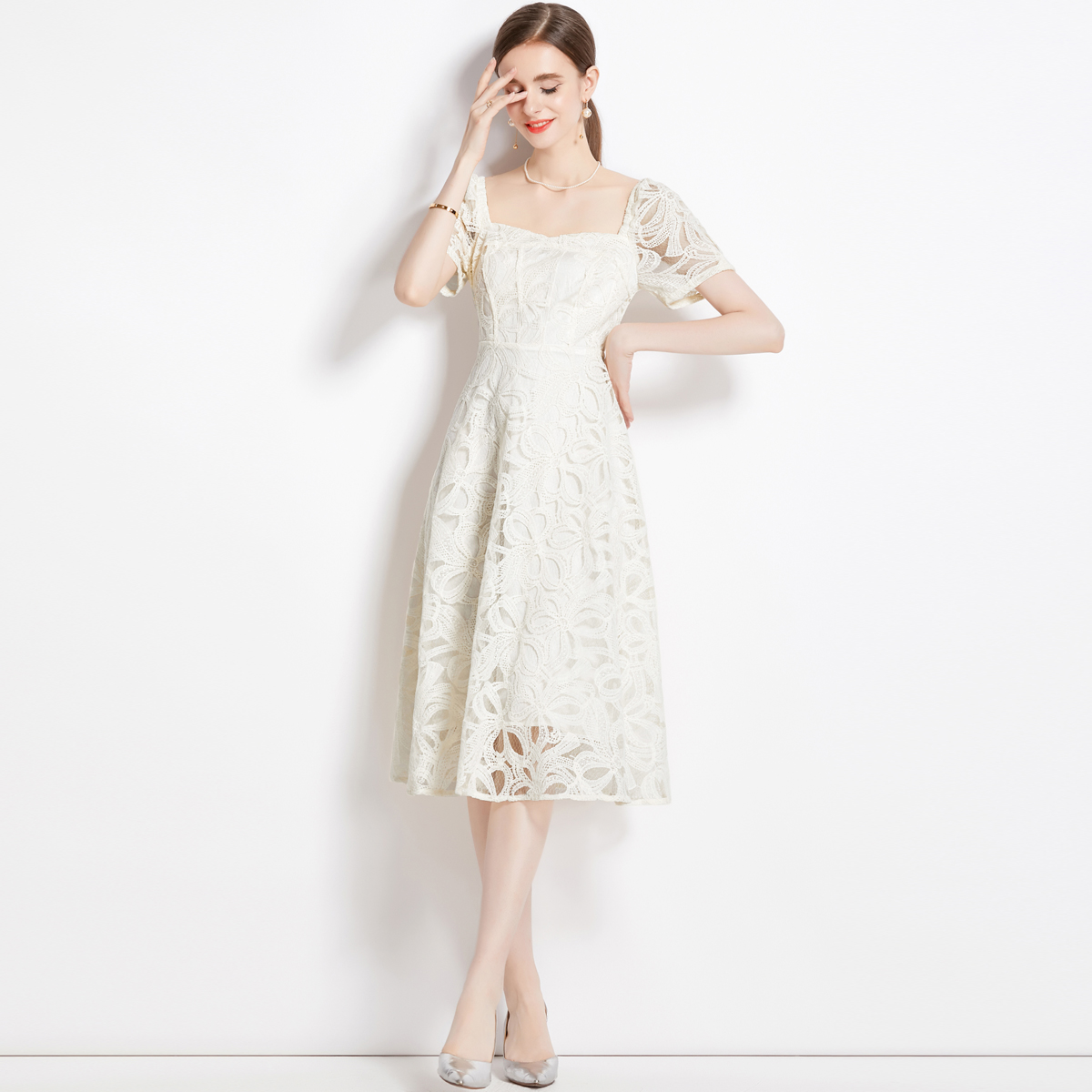 Square collar lace slim France style long dress for women