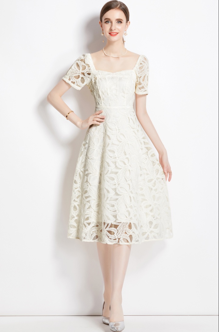 Square collar lace slim France style long dress for women
