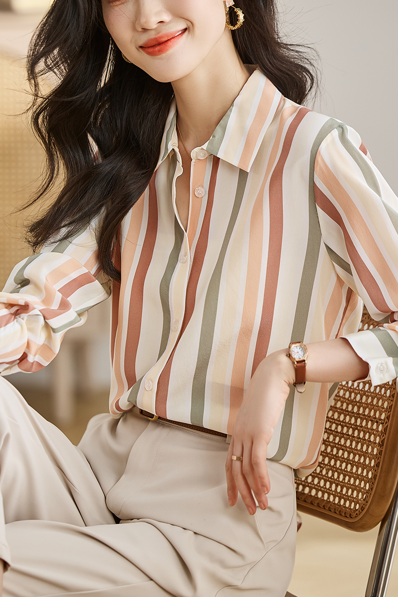 Satin autumn stripe tops retro slim niche shirt for women