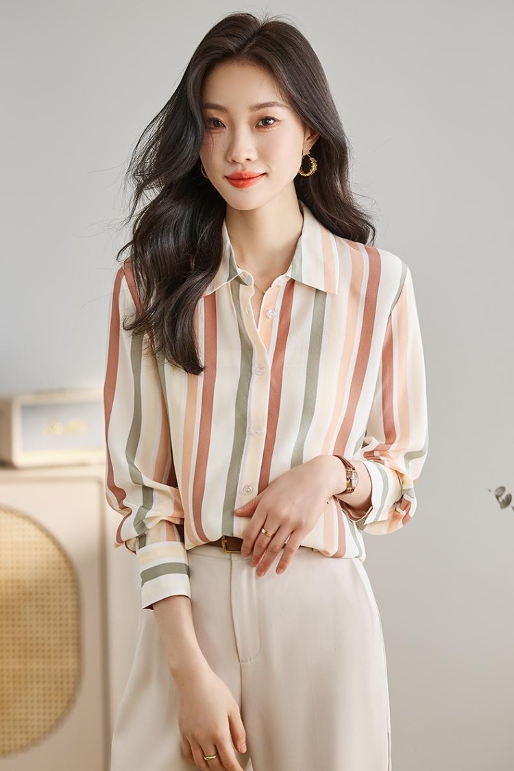 Satin autumn stripe tops retro slim niche shirt for women