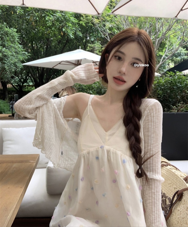 Knitted apricot flowers dress stereoscopic sling long dress