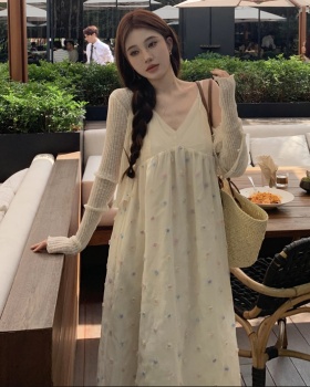 Knitted apricot flowers dress stereoscopic sling long dress