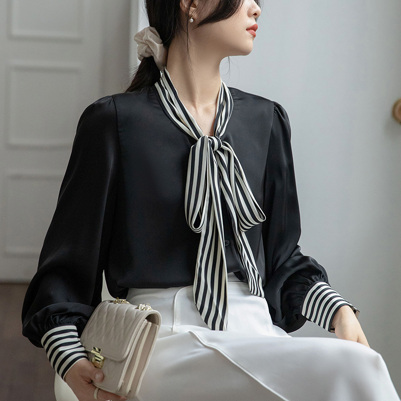 Stripe all-match shirt splice Korean style tops for women