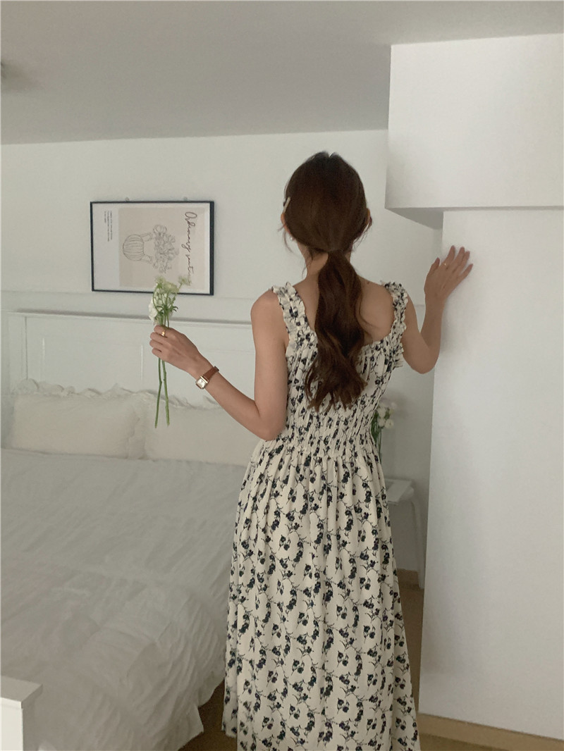 Long sling floral Korean style France style dress