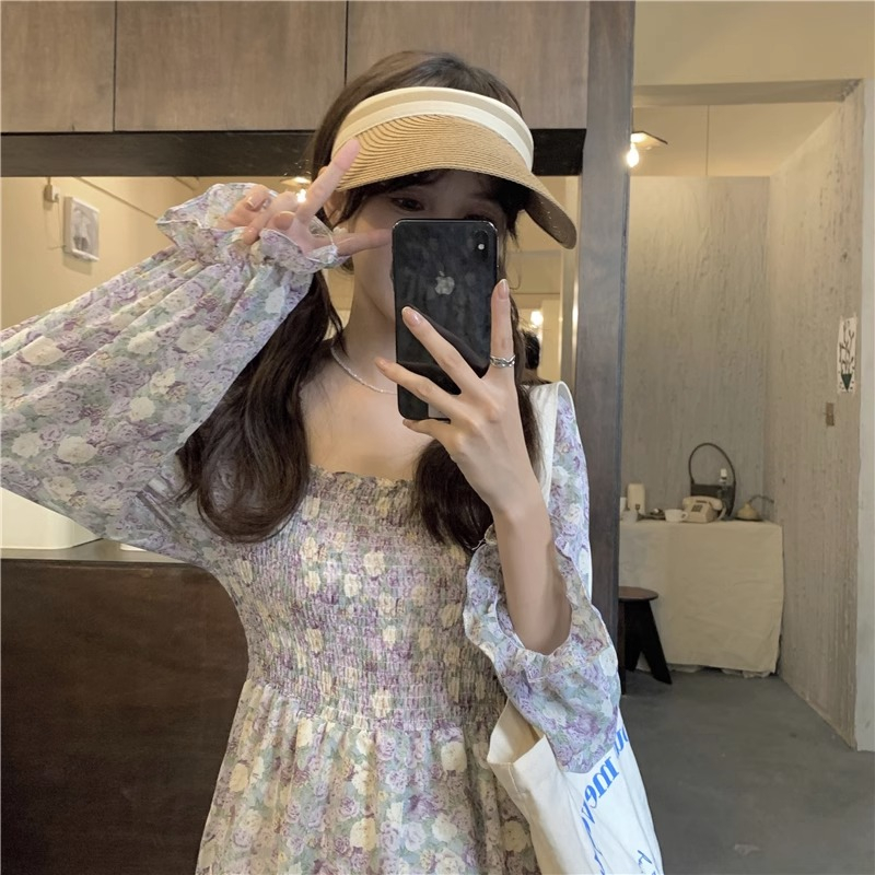 Floral chiffon France style bubble summer dress for women