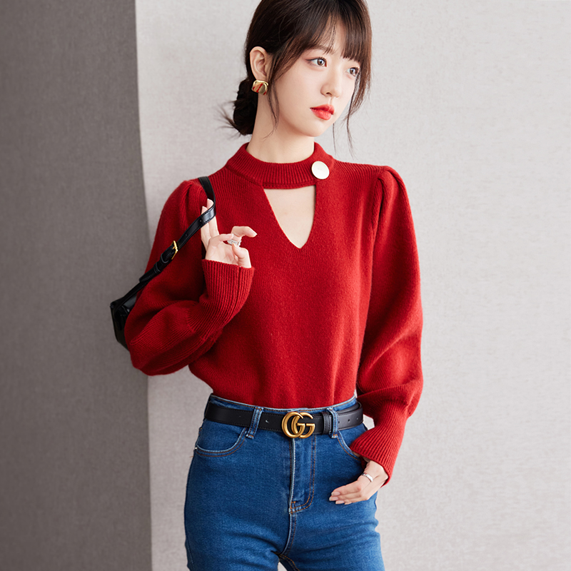 Autumn half high collar unique sweater asymmetry red tops