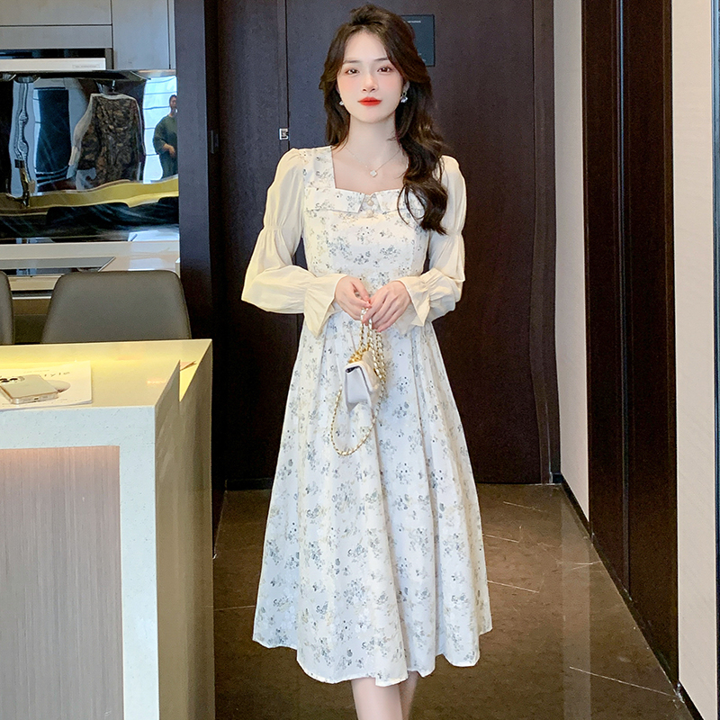 Long pinched waist temperament floral dress for women