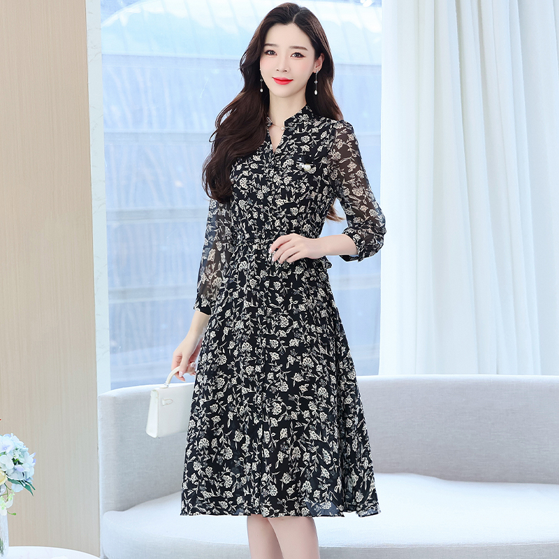 Long sleeve floral chiffon temperament dress for women