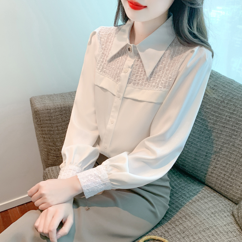 Autumn white France style tops unique puff sleeve shirt
