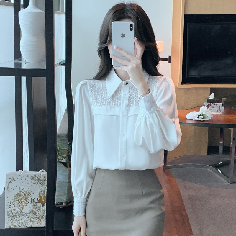 Autumn white France style tops unique puff sleeve shirt