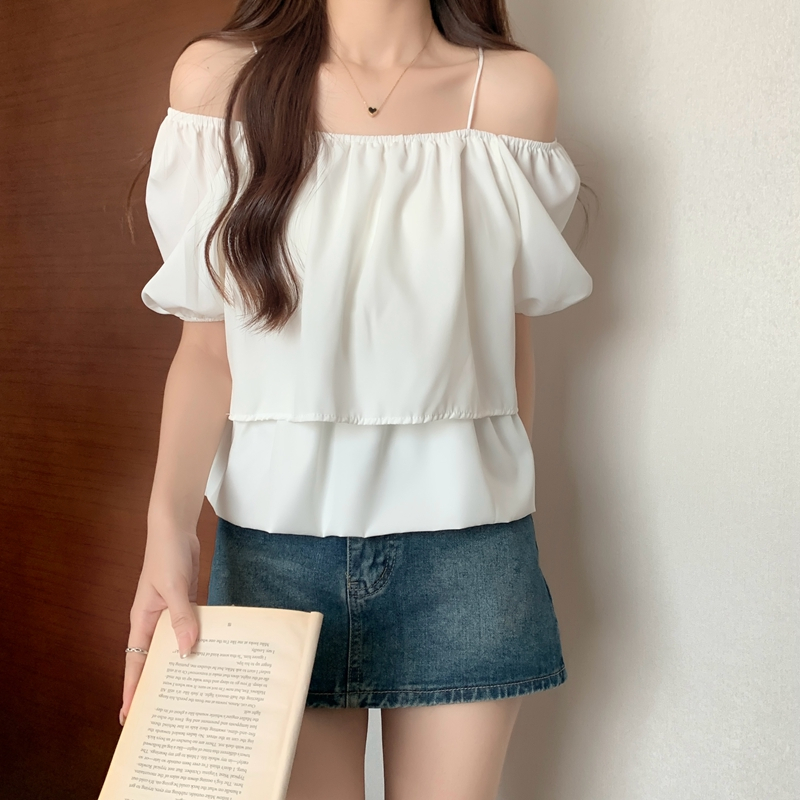 Unique short doll shirt summer flat shoulder tops