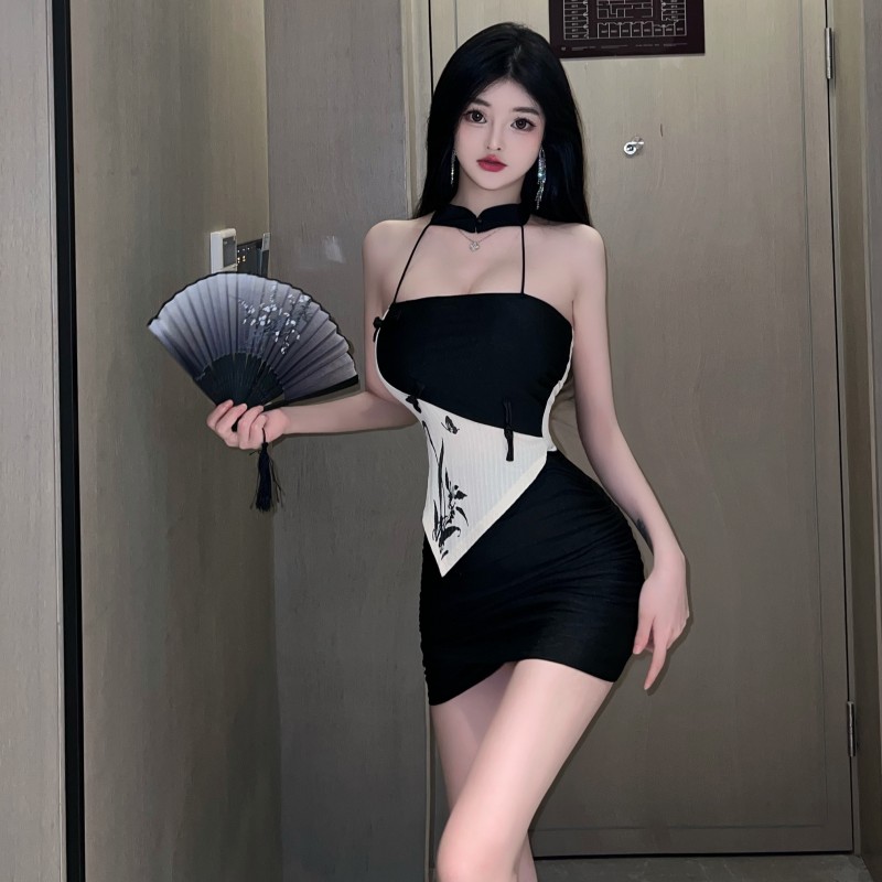 Tight hollow cheongsam printing retro dress for women