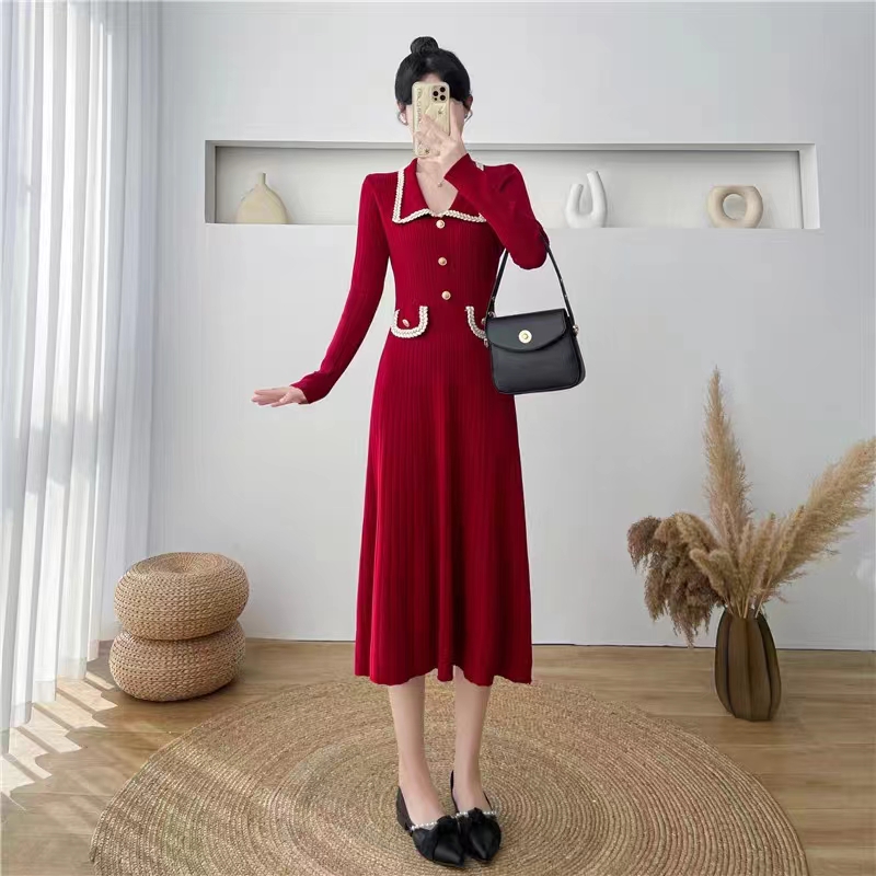 Slim pinched waist long dress knitted dress for women