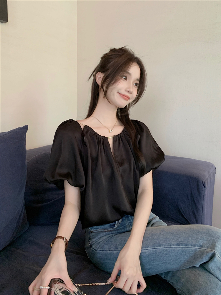 France style short sleeve tops fold shirt for women