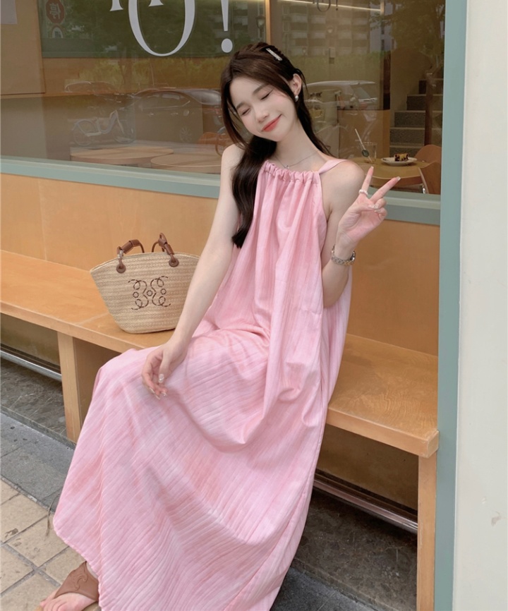Pink slim halter long dress sweet sling dress for women