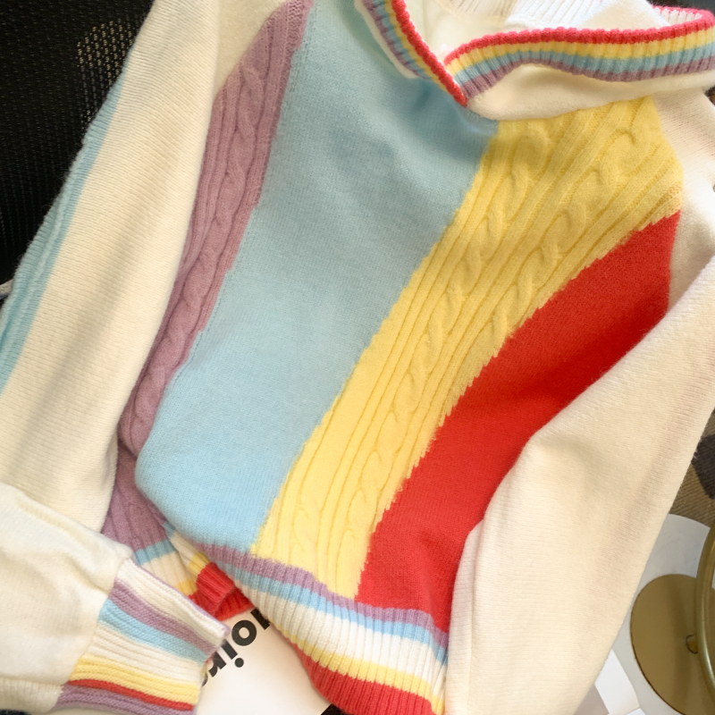 Niche stripe rainbow hooded tops short loose high waist sweater