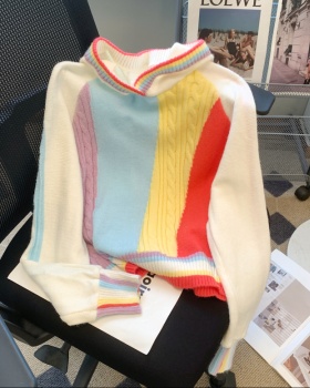 Niche stripe rainbow hooded tops short loose high waist sweater