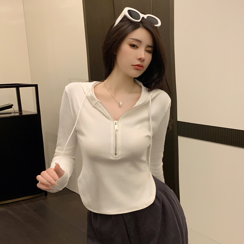 Slim autumn hooded T-shirt zip long sleeve tops for women
