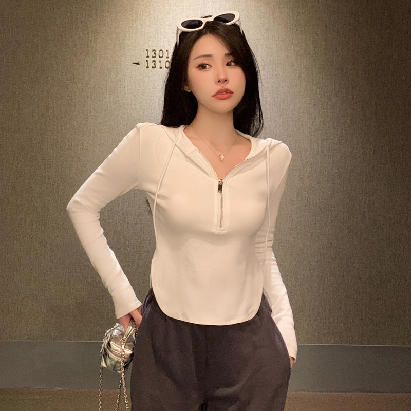 Slim autumn hooded T-shirt zip long sleeve tops for women
