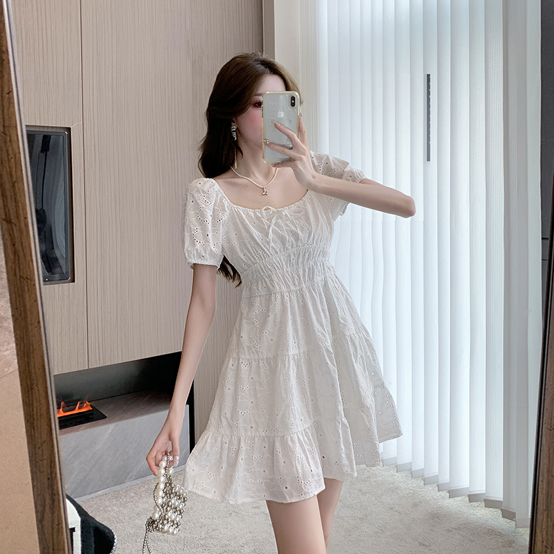 Square collar pinched waist short floral short sleeve dress