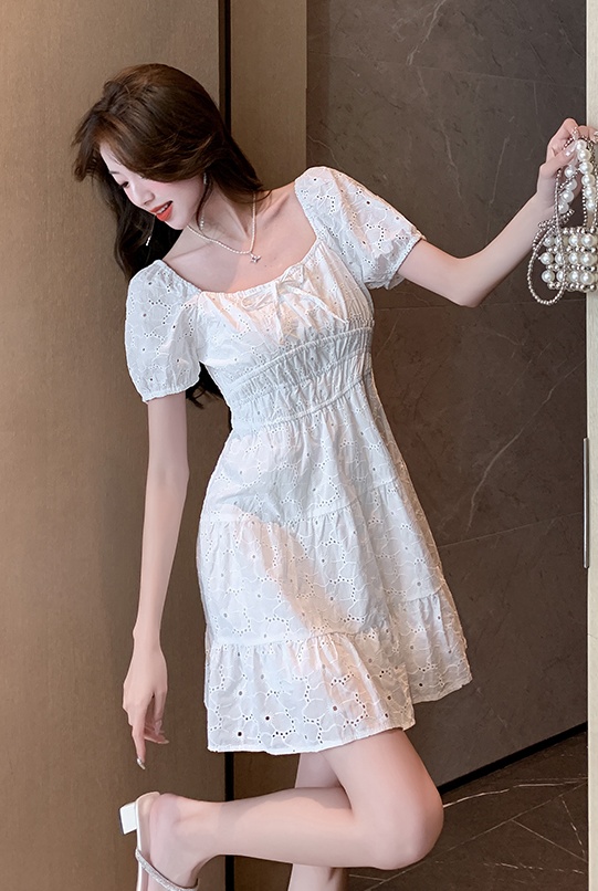 Square collar pinched waist short floral short sleeve dress