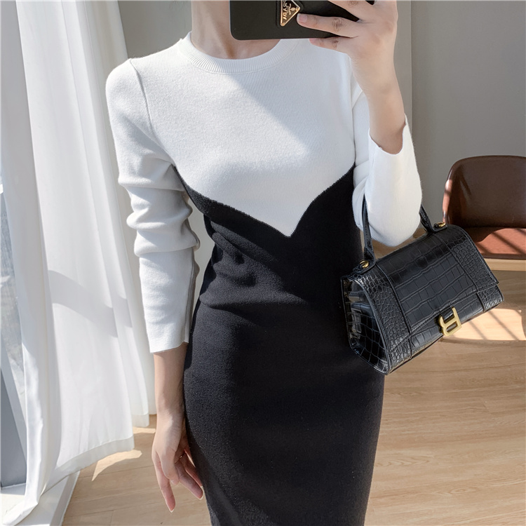 Knitted dress black-white overcoat for women