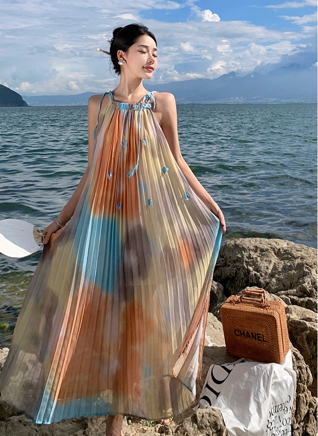 Blooming summer long painting pleated sling vacation dress