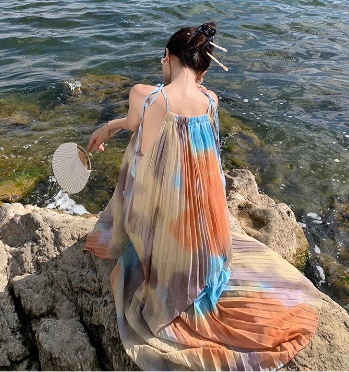 Blooming summer long painting pleated sling vacation dress