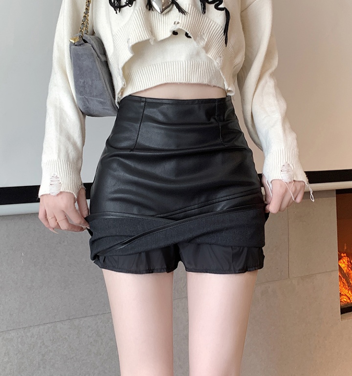 High waist fold skirt anti emptied leather skirt for women