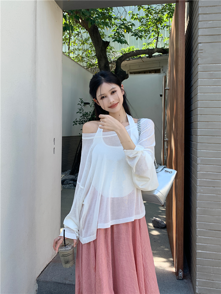 Strapless halter small sling loose sweater 2pcs set