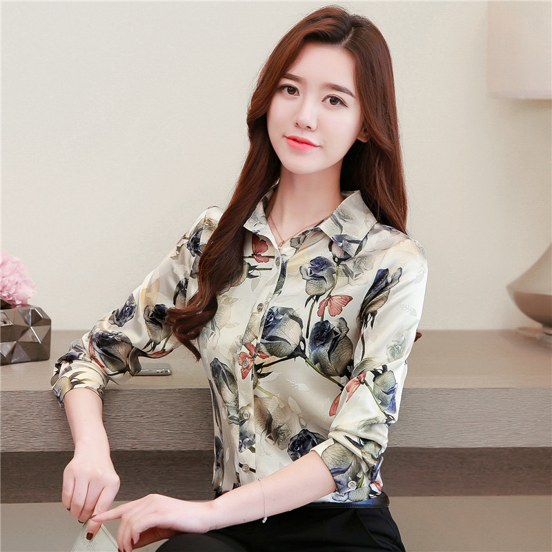Printing silk autumn shirt satin real silk tops for women