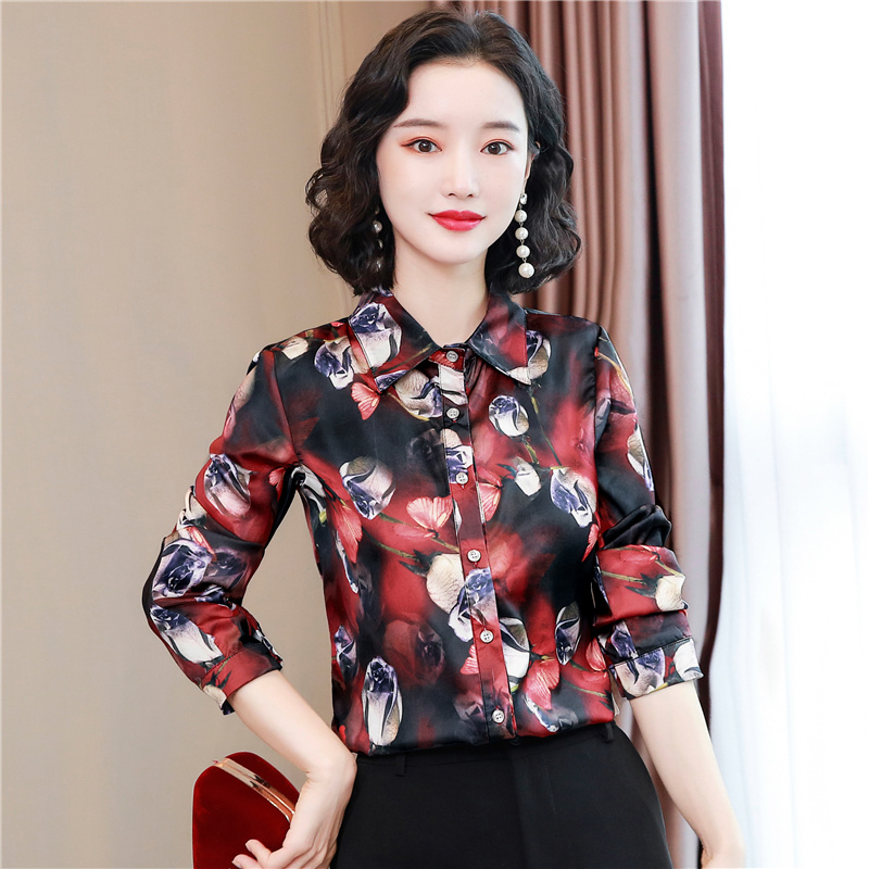Long sleeve Western style tops silk loose shirt for women