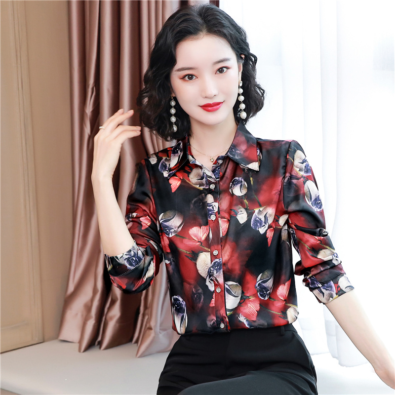 Long sleeve Western style tops silk loose shirt for women