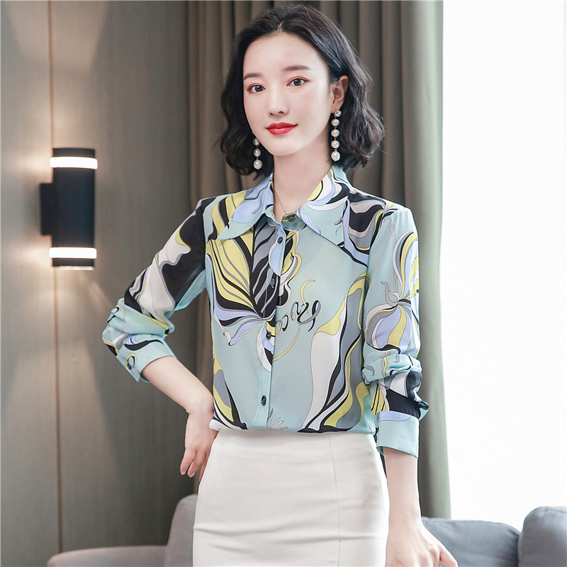 Long sleeve printing tops fashion silk shirt for women