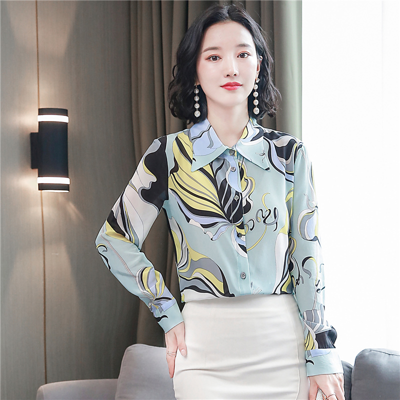 Long sleeve printing tops fashion silk shirt for women