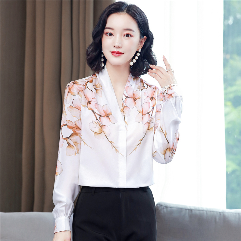 Silk loose real silk tops long sleeve white shirt