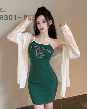 Slim loose shirt green dress a set for women