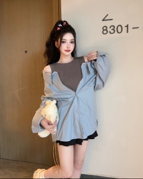 Mixed colors niche loose shirt Pseudo-two pleated dress
