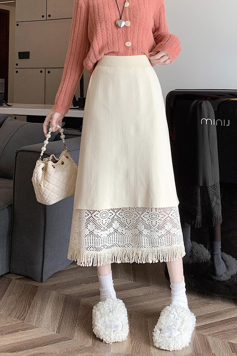Knitted lace skirt spring and autumn long skirt for women