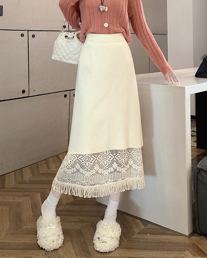 Knitted lace skirt spring and autumn long skirt for women
