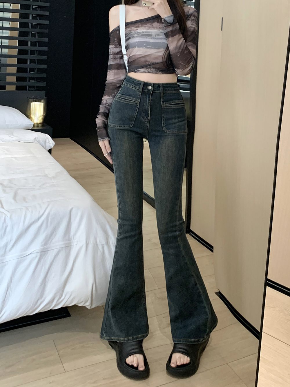 Autumn retro show high elasticity slim jeans