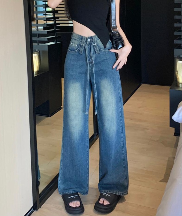 Wide leg straight pants mopping navy-blue jeans for women