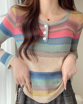 Rainbow square collar long sleeve sweater stripe bottoming tops